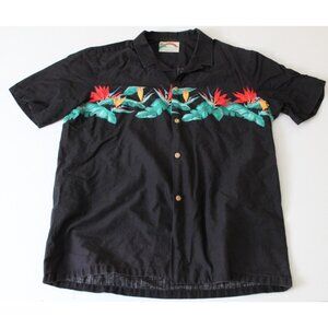Paradise Found Mens L Black Bird of Paradise Cotton Hawaiian Aloha Shirt